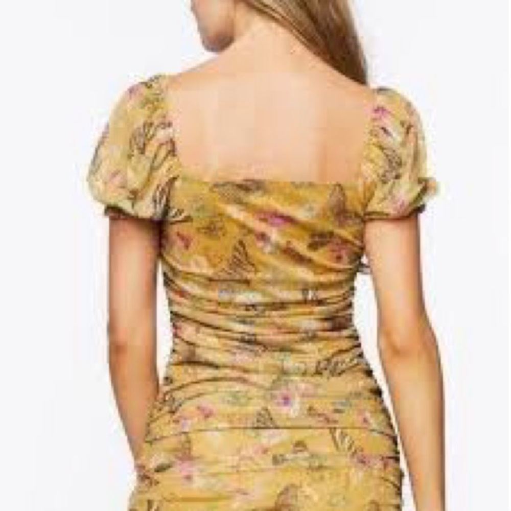 Forever 21 Yellow Butterfly Print Ruched Mini Dress size medium boho fairy - Picture 3 of 7